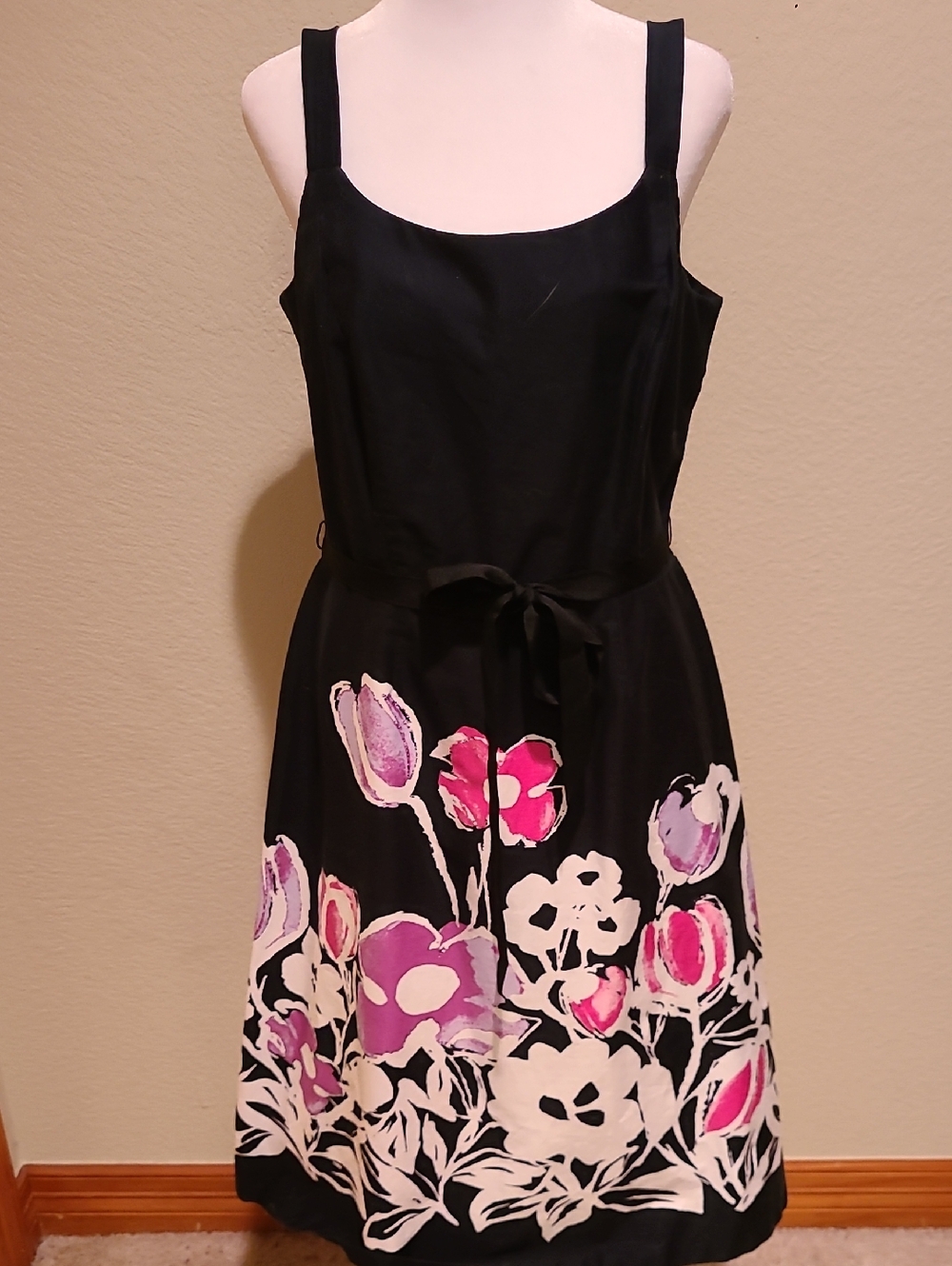 Stidio I Black Floral A-Line Dress with Pink & Purple Accents Size 10